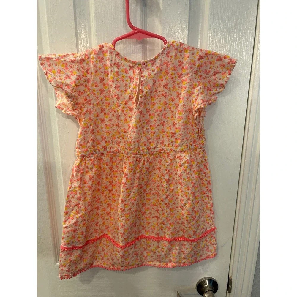 Mini Boden Dress Pink Orange Floral Pom Pom Trim Short‎ Sleeve Girls 5-6Y